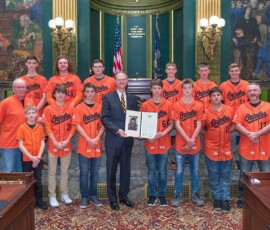 October 15, 18  -  Senator Hutchinson presented a citation to the Rocky Grove boys baseball team in honor of the 2018 PIAA State Class AA Championship.  Rocky Grove became the first District 10 team to win the State Class AA Championship by beating Camp Hill High School by a score of 5-4. 10/15/18