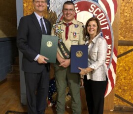 October 7, 2018 – Senator Hutchinson presented Justin Weaver with a citation recognizing his recent achievement of Eagle Scout.  Justin was a member of Troop 55 in Ninevah and has served his troop as troop historian and patrol leader.  For his Eagle Scout project, Justin constructed a new baseball backstop and installed player benches on the grounds of the Salem Township Community Building. 10/07/18