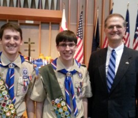 November 22, 2015 – Senator Hutchinson is pictured with Butler County residents Stephen Pfau and Ryan Wasil, a constitiuent from Senator Hutchinson’s district, after they had received their Eagle Scout award. For Stephen’s Eagle Scout project he built gardening carts that contained pots and tools that would be used by rehabilitation patients at Vincentian de Marillac and Marion Manor, two local skilled nursing facilities. For Ryan’s Eagle Scout project he built an instrument cupboard and shelf system for storage of band instruments at Our Lady of Sacred Heart High School. 11/22/15