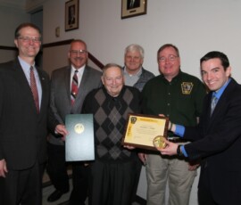 March 27, 2017 - Senator Hutchinson presented a Senate Citation to Bill Lynam (center) of Seneca during a recent ceremony honoring him for his 50 years of service as a Hunting Education Instructor for the Pennsylvania Game Commission. Also pictured (from right) are Andrew Heuser, PGC Hunter Education Division; Jim Daley, Region 1 PGC Commissioner; Len Hribar, retired Venango County Wildlife Conservation Officer; Regis Senko, Northwest PGC Spokesman. 03/27/17
