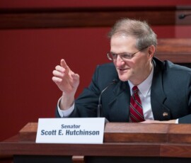 March 28, 2017 – Senator Hutchinson questions a speaker during a Senate Local Government Committee meeting. 03/28/17