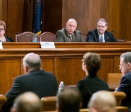 March 29, 2017 – Senator Hutchinson listens to testimony during a joint Senate Veterans Affairs and Emergency Preparedness and Senate Labor and Industry Committee hearing on the State Workers Insurance Fund and the impact of the Cancer Presumption Act. 03/29/17