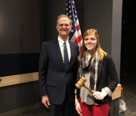 March 7, 2019 – Senator Hutchinson stands with Haley Bauer, a junior at North Clarion High School, after she had presided over his annual Senator for a Day event that took place at Clarion University in Clarion, PA. 03/07/19