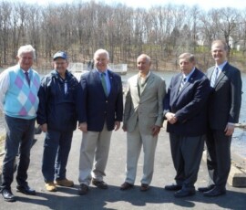 April 12, 2017 – Senator Hutchinson attends a ribbon cutting ceremony to mark the completion of the Glade Run Lake Damn project. This project included the reconstruction of the dam’s concrete spillway and the reinforcement of the embankments. Pictured with Senator Hutchinson are Senator Don White, Senator Randy Vulakovich, Governor Tom Corbett, Siggy Pehel, President of the Glade Run Lake Conservancy, and John Arway, Executive Director of the Fish and Boat Commission. 04/12/17