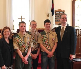 April 23, 2017 – Senator Hutchinson attended the Eagle Scout Ceremony of constituents Thomas Cochran, Daniel Parrett and Luke Cussins. For Thomas’ Eagle Scout Project he erected a new sign at the Frostown Cemetery and placed new landscaping around the base. He also straightened old tombstones and removed debris from the cemetery. For Daniel’s Eagle Scout Project he placed a memorial bench in the center of Marienville to honor fallen firefighters and others who serve the community. For Luke’s Eagle Scout Project he worked on revitalizing the Sojourn Interpretive Trail, which included cleaning the trail, adding a footbridge, building benches along the path and painting and replacing signs. 04/23/17