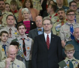 May 1, 2018 - Senator Hutchinson attended a press conference in the Capitol rotunda being held by the Boy Scouts of America. The BSA were holding their first annual Boy Scout Day at the Capitol to raise awareness of their organization and to provide the Governor and General Assembly with a report of the state of scouting in the Commonwealth. 05/01/18
