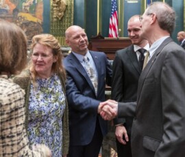 June 10, 2019 – Senator Hutchinson congratulated newly sworn Senator Mastriano, senator of the 33rd senatorial district, during swearing in day. 06/10/19