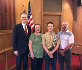 June 24, 2018 – Senator Hutchinson presented a citation to Benjamin Nutt recognizing his achievement of Eagle Scout. Benjamin is a member of Troop 31 in Youngsville, and he has served as a Scribe and Senior Patrol Leader. For his Eagle Scout project he constructed a picnic table and two benches for a site that overlooks the river along the Youngsville bicycle trail. 06/24/18