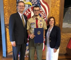 July 30, 2018 – Senator Hutchinson presented Nathan Simmons with a citation to recognize his recent achievement of Eagle Scout.  Nathan is a member of Troop 55 in Ninevah and has served his troop as a Patrol Leader and Senior Patrol Leader.  For his Eagle Scout project he made improvements to the Wentlings Corners Community Hall grounds. 07/30/18