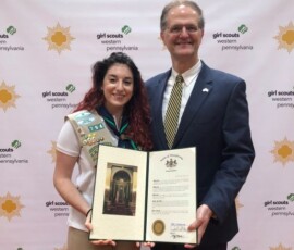 June 22, 2019 - Pictured here is Sen. Hutchinson presenting Ava Marini of Harrisville a certificate for her Gold Award Project. Ava is a graduate of Slippery Rock High School and the daughter of Noelle Marini. Ava taught swimming lessons to children with little or no swimming experience. Her project has continued to impact children year after year. 06/2219