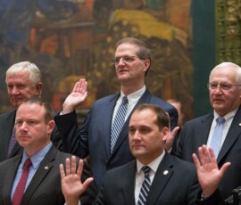 January 3, 2017 - Senator Scott Hutchinson (center) swears his oath of office to become the State Senator representing the 21st Senatorial District. 01/03/17