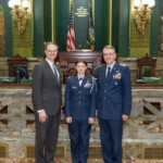 May 17, 2016 – Senator Hutchinson met with Civil Air Patrol Vice-Commander Kevin Berry and his daughter Civil Air Patrol Cadel Lt. Col. Ceara Berry, who are residents of his district. They met to discuss the Civil Air Patrol program and its funding for the upcoming fiscal year. Ceara is a high school junior from Renfrew in Butler County and is a recipient of the prestigious Eaker Award, which denotes successful completions of all achievements of the Cadet Program. Kevin and Ceara were also introduced by Senator Hutchinson on the Senate floor as honorary guests for that day’s session. 05/17/16