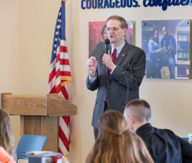 March 16, 2017 - Senator Scott Hutchinson discusses the legislative process with students from around the 21st Senatorial District during his Student Government Seminar held March 16 at Clarion University. 03/16/17