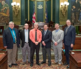 April 4, 2017 – Senator Hutchinson met with local school officials from his district during their recent trip to Harrisburg. Pictured are Mike Stahlman, Superintendent of Clarion Area School District; David McDeavitt, Superintendent of Allegheny-Clarion Valley School District; Wayde Killmeyer, Executive Director of the Midwestern Intermediate Unit 4; Pat Gavin, Superintendent of Oil City School District, Jeff Clark; and Jeff Brown, Executive Director of Riverview Intermediate Unit 6. 04/04/17