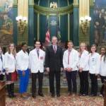 April 6, 2016 – Senator Hutchinson meets with student pharmacists from his district to discuss current legislation and the state of the pharmacy industry. The students were from Duquesne University, LECOM and the University of Pittsburgh and were in Harrisburg to participate in a pharmacy rally that was being held at the Capitol. 04/05/16