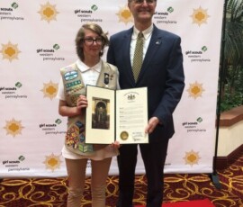 June 22, 2019 - On the left is Sami Edwards of Harrisville being presented with a certificate from Sen. Hutchinson for her Gold Award Project. Sami graduated from Slippery Rock High School and is the daughter of James Edwards and Mae Lynne. Sami hosted a workshop at a food pantry to assemble bags of goods for the homeless, hungry, people undergoing chemotherapy, and those celebrating birthdays. Those who helped pledged to pay it forward with a random act of kindness in the community. 06/22/19