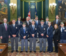 November 17, 2015 – Senator Hutchinson met with members of the AMVET Post 113 from Tionesta, PA. They were visiting the capitol in support of House Bill 1579 which names a bridge over the Allegheny River on State Route 62 the Lt. Col. Michael McLaughlin/AMVETS Post 113 Memorial Bridge. Lt. Col. McLaughlin was killed in Iraq by a suicide bomber on January 5, 2006. He was the first PA Army National Guard officer to be killed in action since World War II. 11/17/15