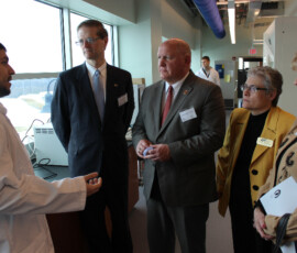 February 21, 2014 - Senator Hutchinson participated in an open house for the new Northwest Pennsylvania Innovation Support Program at the Clarion University Barnes Center at Trinity Point. The program will support research and development efforts by small businesses and entrepreneurs in the biotech, nanotech, manufacturing and pharmaceutical technology industries. Also pictured are Congressman Glenn Thompson; Clarion University President Karen Whitney; and Colleen Stuart, CEO of the Venango Training and Development Center. 02/21/2014