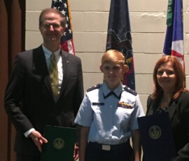 July 2, 2015 – Senator Hutchinson, along with Representative Donna Oberlander, presented the Billy Mitchell Award to Kayley Buzard of Clarion County recognizing her for her work with the Civil Air Patrol and the Clarion County Squadron. 07/02/15