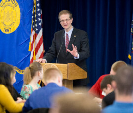 March 20, 2014 - Senator Scott Hutchinson discusses the legislative process with students from around the 21st Senatorial District during his Student Government Seminar held March 20 at Clarion University. 03/20/14