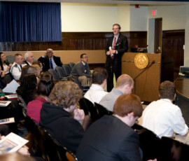 March 20, 2014 - Senator Scott Hutchinson discusses the legislative process with students from around the 21st Senatorial District during his Student Government Seminar held March 20 at Clarion University. 03/20/14