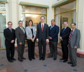 April 8, 2014 – Senator Hutchinson met with faculty, trustees and students from Clarion University to discuss funding and legislation important to the Pennsylvania State System of Higher Education. Pictured from left are Todd Garrett, Student Senate President and incoming student on the PASSHE Board of Governors; Dr. Ronald Nowaczyk, Provost and Vice President for Academic Affairs; Milissa Bauer, Trustee; Darren Young, student member of the Council of Trustees; David Bailey, Alumni Association President; and Dr. Syed Ali-Zaidi, Trustee. 04/08/14