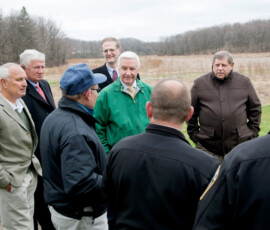 April 23, 2014 – Senator Hutchinson attended a meeting at the site of Glade Run Lake where Governor Corbett announced state funding to help restore the dam and refill the lake. Also pictured from left are Siggy Pehel, President of the Glade Run Lake Conservancy; Senator Don White; John Arway, Executive Director of the Fish & Boat Commission; Governor Corbett; and Senator Randy Vulakovich. 04/23/14