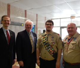 March 15, 2015 – Senator Hutchinson presented a citation to John Cooper of Rouseville, Venango County recognizing his achievement of the rank of Eagle Scout. For his Eagle Scout project John created a meditation area at Calvary Cemetery that included landscaping and a refurbished bench. Also pictured are state Representative Lee James and Congressman G.T. Thompson. 03/15/15