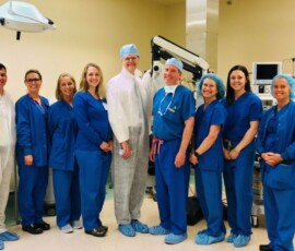 April 23, 2019 – Senator Hutchinson toured the Surgery Center in Cranberry Township, Butler County, and observed a cataracts surgery. Pictured with him are Linda Cruttender, RN; Amanda Gender, RN; Dr. William Christie; Pam Wrobleski, DNAP, CRNA; Jess Poole, DNAP, CRNA; and Maria Laykish, CRNA. 04/23/19