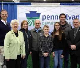 January 14, 2015 – Senator Hutchinson attended a ceremony at the 2015 PA Farm Show recognizing the Kummer family of Evans City, Butler County on receiving the Century Farm Award. Pictured from left are Rosalyn Kummer, Jean Kummer, Agriculture Secretary George Greig, Nolan Kummer, Lane Kummer, Scott Kummer, Representative Daryl Metcalfe. 01/14/15