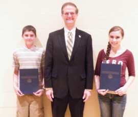 May 21, 2014 - Senator Hutchinson presented Good Citizenship Awards to Alex and Kera, both students at North Clarion County Elementary School. They were selected by faculty for outstanding student achievement, leadership skills and service to others. 05/21/14