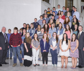 April 21, 2015 – Senator Hutchinson, along with Representative Lee James, gave a tour of the Capitol to students from Rocky Grove High School in Venango County. 04/21/15