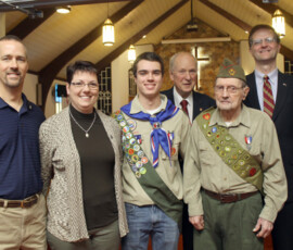 February 8, 2015 - Senator Hutchinson presented a citation to Daniel Pierson at the Sheffield Methodist Church for achieving the rank of Eagle Scout. For his Eagle Scout community service project, Daniel updated entrance signs in Sheffield and cleared debris from the grounds of the signs. Pictured with Daniel are Senator Hutchinson, Daniel’s parents Rich and Denise Pierson, Daniel’s grandfather Walt Malloy, and Scout Leader Tom Dunn. 02/08/15