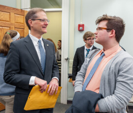 March 12, 2015 – Senator Hutchinson speaks with a local student at Clarion University during his annual Senator for a Day event. 03/12/15