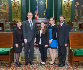 April 15, 2015 – Senator Hutchinson met with Doctor Norton, president of Slippery Rock University, and several Slippery Rock University students to discuss issues related to Slippery Rock University and higher education in Pennsylvania. 04/15/15