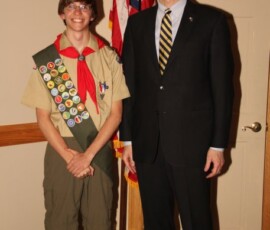 April 19, 2015 - - Senator Hutchinson presented a citation to Trevor Phelps of Clarendon, Warren County recognizing his outstanding achievement of the rank of Eagle Scout. For his Eagle Scout project, Trevor made repairs to the drainage system at the Wesleyan Church in Warren, PA. Trevor is the son of David and Donna Phelps and is a member of Boy Scout Troop 13. 04/19/15