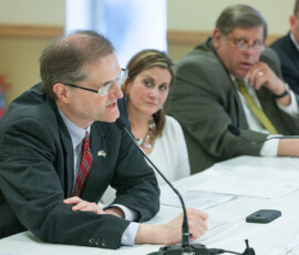 April 29, 2015 – Senator Hutchinson speaks to testifiers at a Senate Veterans Affairs & Emergency Preparedness Committee hearing that was held at the Adamsburg Community Fire Department to discuss volunteer fire companies’ recruitment and retention. 04/29/15
