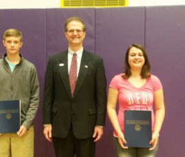 May 19, 2015 - Senator Hutchinson presented Good Citizenship Awards to Victoria and Landon, both 8th grade students at North Clarion Junior Senior High School. They were selected by faculty for outstanding student achievement, leadership skills and service to others. 05/19/15